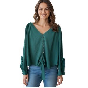 Abbeline Anthropologie Teal Green Ruffle Sleeve Front Tie V-Neck Blouse Boho …